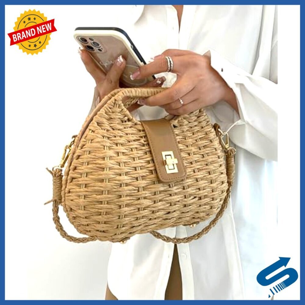 Straw Woven Crossbody Bag Dumpling Shape Retro Chic Summer Beach Purse - Picture 2 of 7